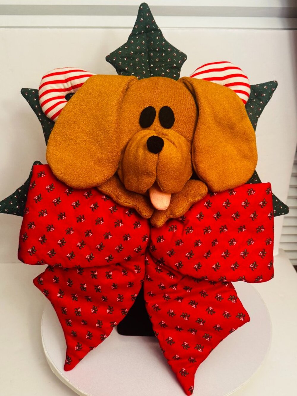 Vtg Handmade Plush Dog Christmas Wall Hanging Decor Tan Puppy Head Red Floral Bo